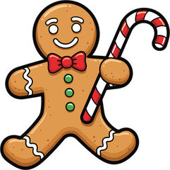 Cheerful gingerbread man with red bow tie and candy cane illustration
