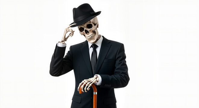 Elegant skeleton dapperly tipping his hat while leaning on a cane in a stylish black suit against a stark white background for a quirky, humorous concept