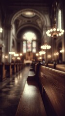 Obraz premium A Serene View of Church Pews With Soft Lighting and Stained Glass Windows During a Quiet Moment