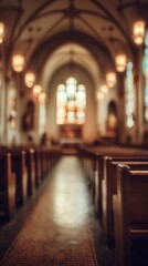 Fototapeta premium A Serene View of Church Pews With Soft Lighting and Stained Glass Windows During a Quiet Moment