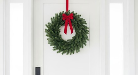 Festive green wreath with red bow on white door in bright holiday decor
