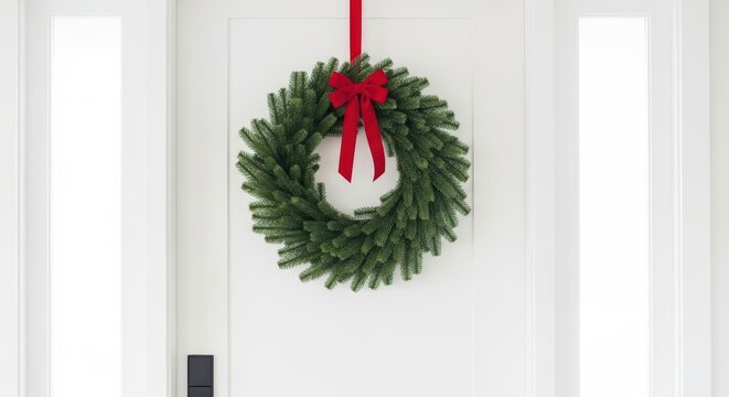 Festive green wreath with red bow on white door in bright holiday decor - Powered by Adobe