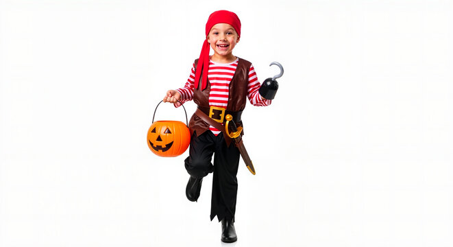 Adorable child dressed as a pirate ready for trick or treating with pumpkin bucket and pirate hook, perfect for Halloween promotions and children's events