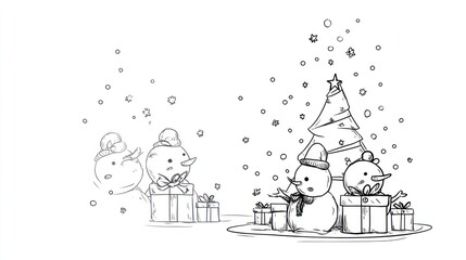 Fototapeta premium Adorable snowmen and gifts surround a decorated Christmas tree in a festive scene