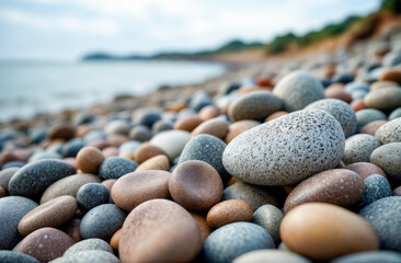 Colorful pebbles scattered on a serene beach by the ocean under a cloudy sky