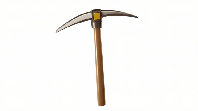 A 3D rendering of a mining pickaxe with a wooden handle and metal head, displayed against a plain background.