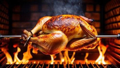 deliciously roasted whole chicken on a rotisserie perfectly golden and seasoned with flames in the background creating a mouthwatering and fiery ambiance