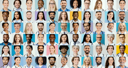 A vibrant collage features a diverse group of healthcare professionals smiling confidently.