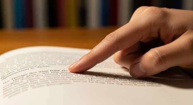 Close-up of hand pointing at text in open book