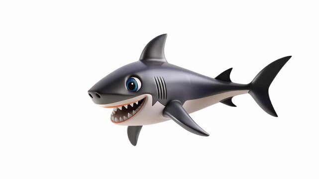 A cheerful cartoon shark with a big smile and cartoonish features swimming against a plain background.