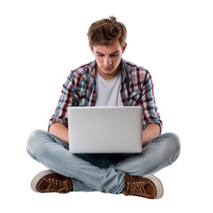 isolated on a transparent background - A young man sitting cross-legged with a laptop, focused and immersed in his work, isolated on a transparent background