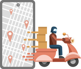 delivery person on a moped with a phone in the background and geotags on a map without background, isolated