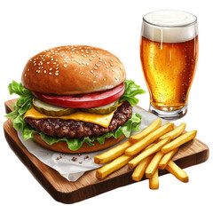 burger with fries and beer  without background, isolated