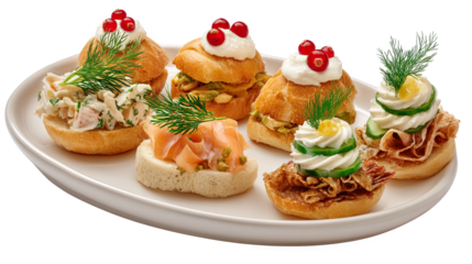 Festive canapés and mini sandwiches on plate, transparent background
