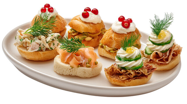 Festive canap&eacute;s and mini sandwiches on plate, transparent background