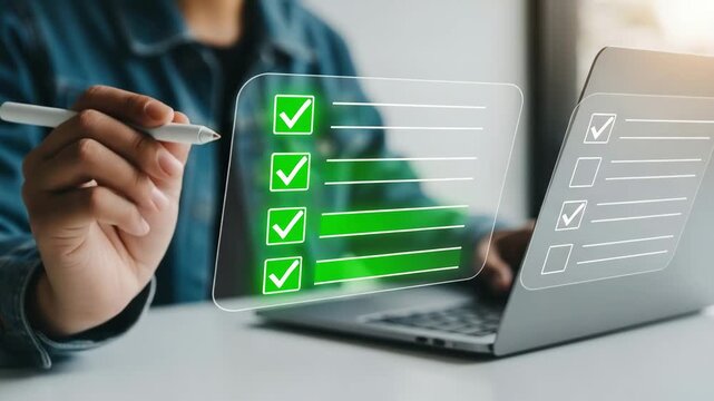 Person using a stylus to check off items on a digital checklist displayed on a transparent screen in front of a laptop motion animated video
