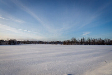 Vast snow-covered field under a serene blue sky with wispy clouds and distant forest &mdash; tranquil, minimalist winter landscape perfect for peace, nature, or seasonal themes.
