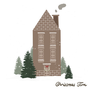 Winter Christmas House Front View of Snow Covered Clipart Illustration 