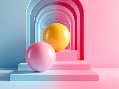Pink and yellow spheres lining pastel tunnel, leading viewer through luminous corridor with ethereal, futuristic geometric design