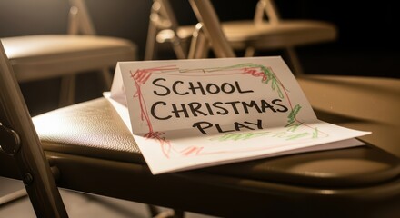 School christmas play sign on chair in auditorium setting