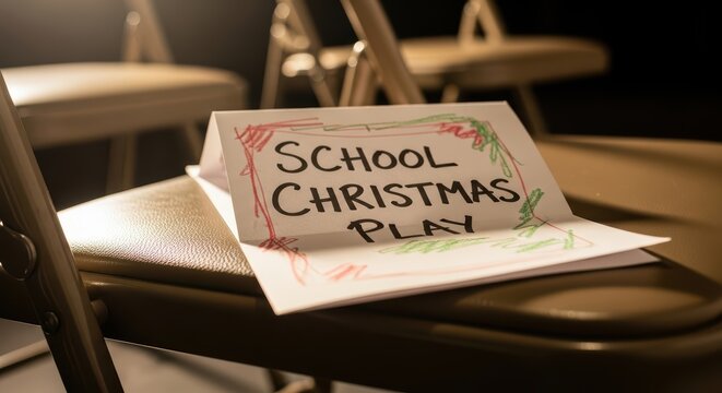 School christmas play sign on chair in auditorium setting