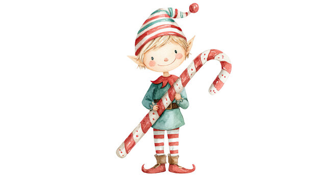 Christmas elf holding candy cane watercolor illustration transparent background