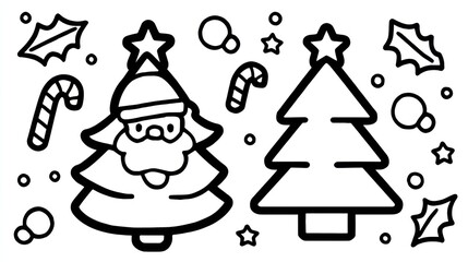 Fototapeta premium Simple black line art featuring two Christmas trees, Santa's face, candies, and holly