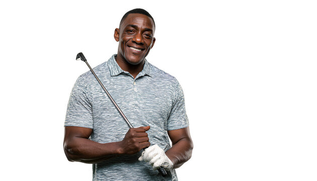 a black man holding a golf club, smiling and posing for a photograph, isolated on a transparent background