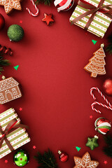 Fototapeta na wymiar Christmas border flat lay with gifts, gingerbread cookies, candy canes and baubles on red background. Festive holiday frame with copy space for seasonal design Fototapeta na wymiar Christmas border flat lay with gifts, gingerbread cookies, candy canes and baubles on red background. Festive holiday frame with copy space for seasonal design
