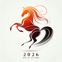 Rearing horse illustration in red, orange, and black stylized lines representing the Year of the Horse