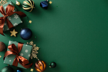 Christmas composition with wrapped gifts, baubles, golden star and snowflake on dark green...