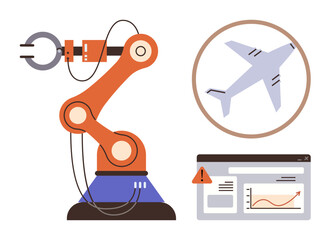 Robotic arm gripping tool, airplane in circular frame, dashboard with graph and alert symbol. Ideal for automation, aerospace, technology, engineering, manufacturing innovation efficiency. Simple