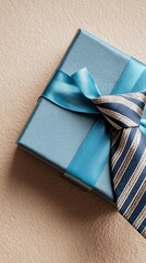 Gift Box Containing a Stylish Blue and Gold Striped Tie With Ribbon