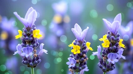 Close-up of vibrant lavender flowers with yellow accents against a blurred background