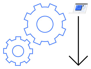Two interlocking gears connected to a downward arrow pointing to a computer screen. Ideal for automation, workflow, optimization, efficiency, engineering, software, development. Clean and simple flat