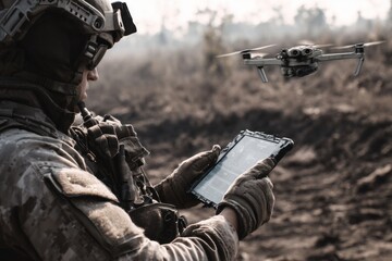 military soldier holding a tablet and operating a flying drone