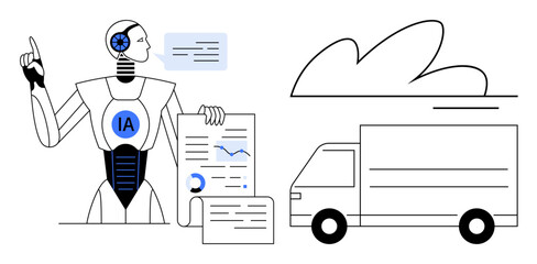 Humanoid AI analyzing charts and data with a truck symbolizing logistics beside it. Ideal for automation, AI, data analysis, logistics, technology, innovation, transportation, simple flat metaphor