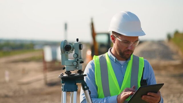 Surveyor engineer using theodolite on construction site