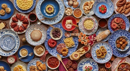 Assorted chinese dishes on decorative blue and white plates with various dim sum and desserts