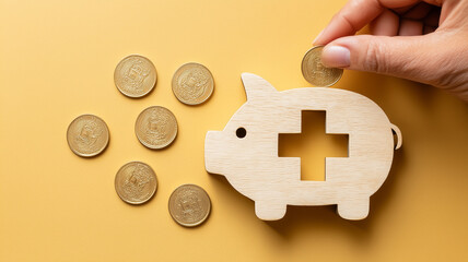 Hand placing a coin into a piggy bank with a medical cross represents health savings and budgeting for care, emphasizing insurance costs and emergency funds.
