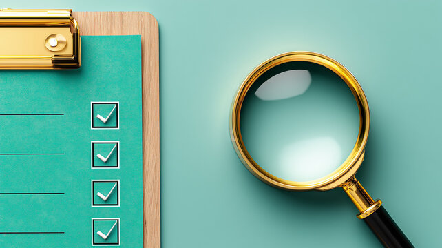 Magnifying glass beside a marked checklist highlighting meticulous quality control compliance review and operational readiness.
