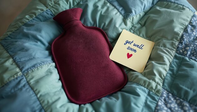 Maroon hot water bottle on quilted bed with get well soon card. Comforting scene of rest, care. Health, recovery concept. Support, sympathy note. Warmth, healing, healthcare. Bedding, textiles, home
