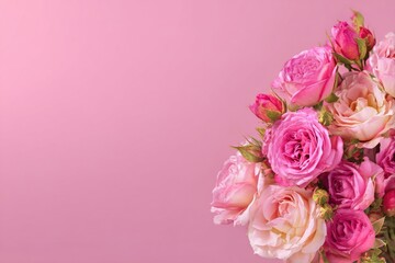 Beautiful Bouquet of Pink Roses on a Soft Pink Background for a Cheerful Decoration