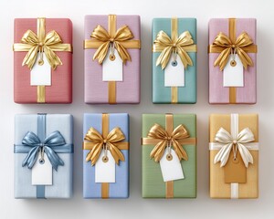Minimal gift box layout with pastel minimal flat lay of gift boxes with ribbons and blank tag,  elegant arrangement for holiday sale concept and aesthetic sale stock photo in pastel gift boxes set 