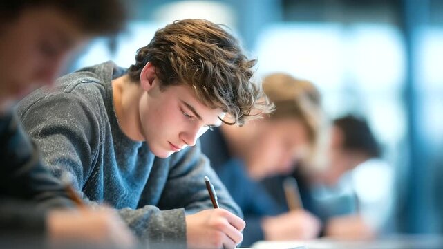 eenagers taking a written test in a modern science classroom, desks arranged in a line, natural light