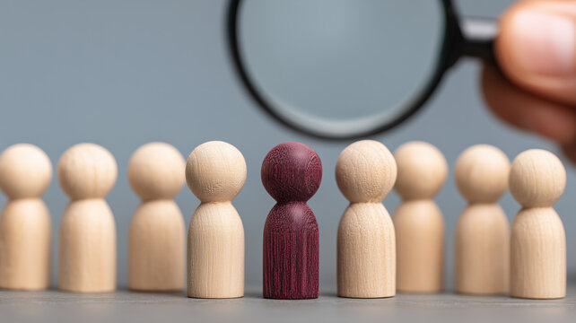 Magnifying glass highlights a distinct pawn among candidates, depicting recruitment talent selection diversity analytics and evidence based human resources decisions.
