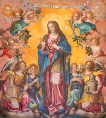 PRAIANO, ITALY - OCTOBER 6, 2025: The detail of painting of Immaculate Conception among the angels...