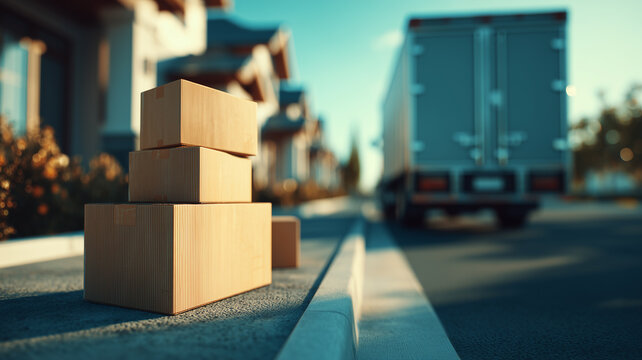 Stacked delivery boxes on a residential curb with a truck departing conveying last mile logistics and e commerce fulfillment for online orders.

