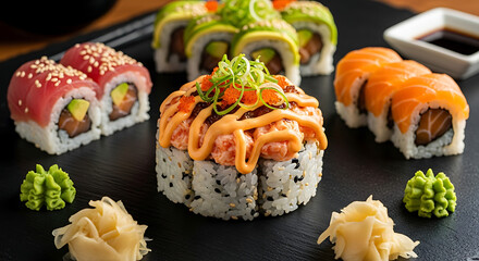 Fiery and Delicious Sushi Roll Platter: Fresh Japanese Food, Restaurant Meal, Salmon and Tuna