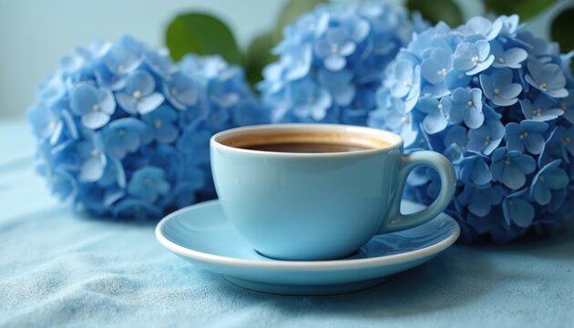 Morning still life with coffee cup, blue hydrangea flowers. Serene, aesthetic scene creates cozy atmosphere. Soft light, elegant composition. Perfect for breakfast, home, relaxing moment, enjoyment,